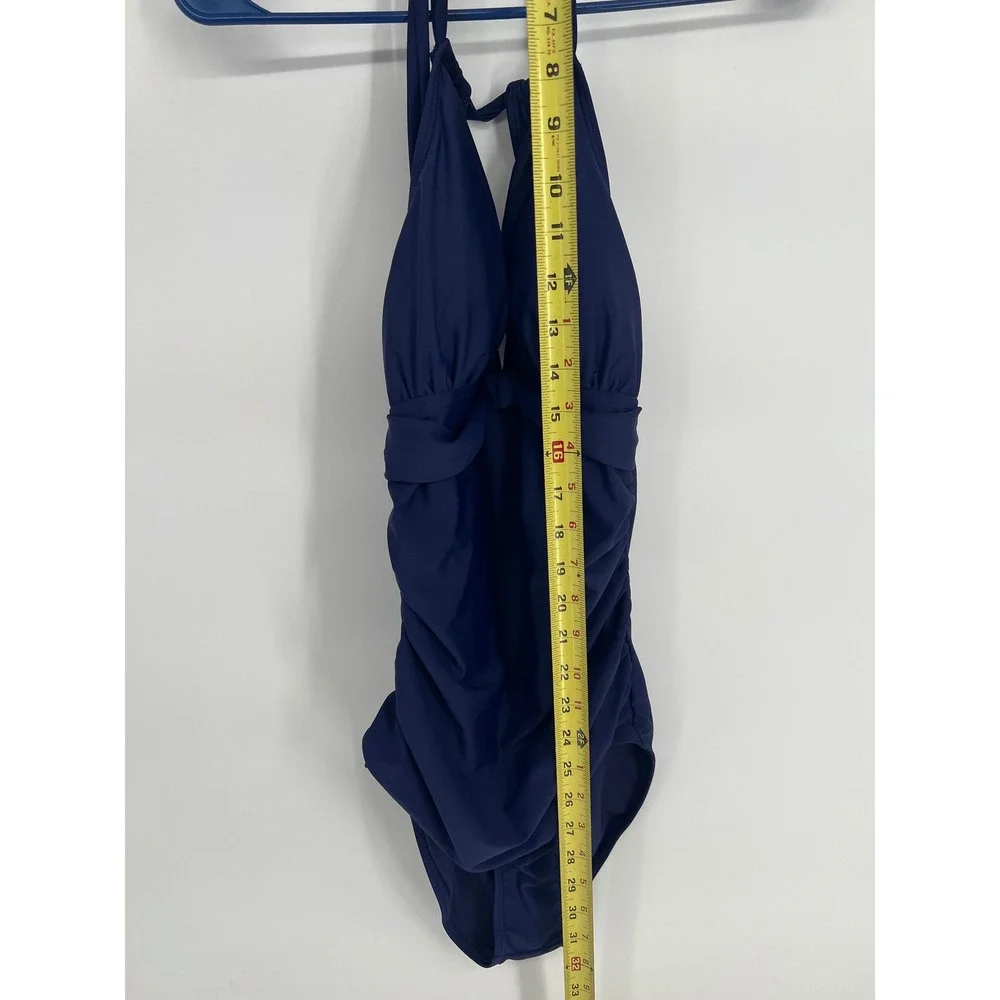 Tempt Me Womens Navy Blue Halter One Piece Swimsuit Ruched‎ V-Neck Size S